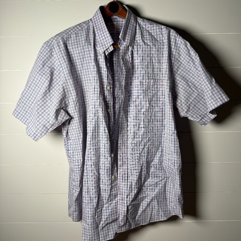 Brooks Brothers Men's Short Sleeve Button Down Shirt, XL, Blue Pink Plaid